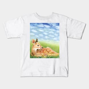 Baby Deer Fawn in Green Grass Illustration Kids T-Shirt